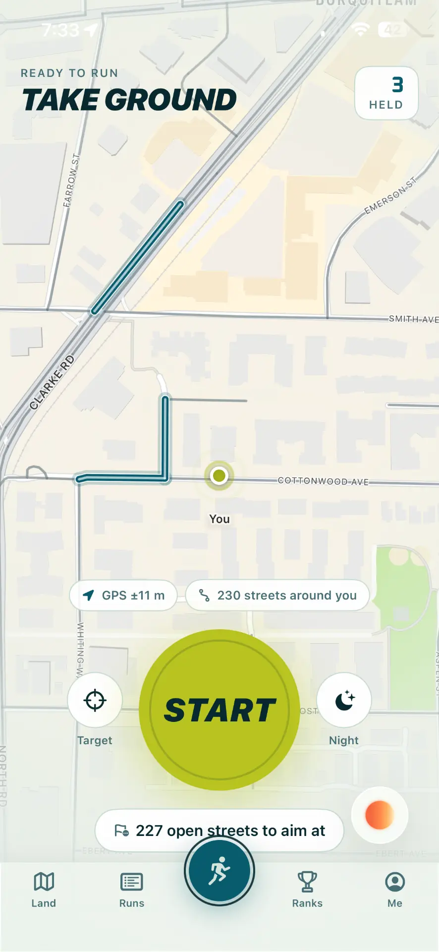 ROVUN app screen showing nearby streets and the start control